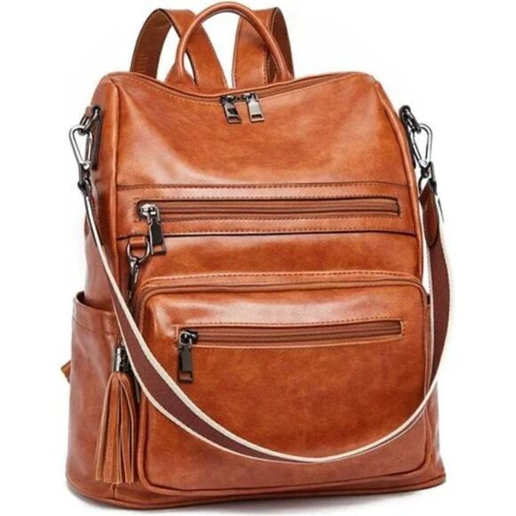 𝅺New Backpack Purse Vegan Leather with Tassel Retro, 1-Oil Wax Brown - Picture 2 of 7